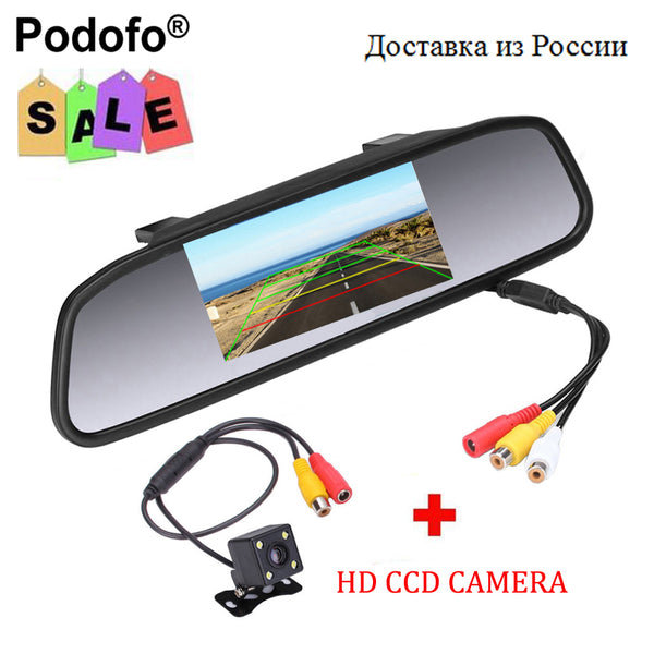 Podofo CCD HD Waterproof Parking Monitors System, 4 LED Night Vision Car Rear View Camera + 4.3 inch Car Rearview Mirror Monitor