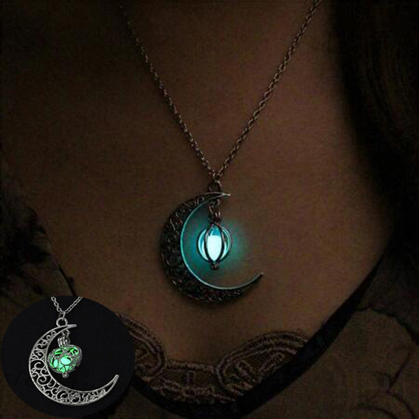 TOMTOSH moon glowing necklace, green stone charm jewelry, silver plated, Halloween gift