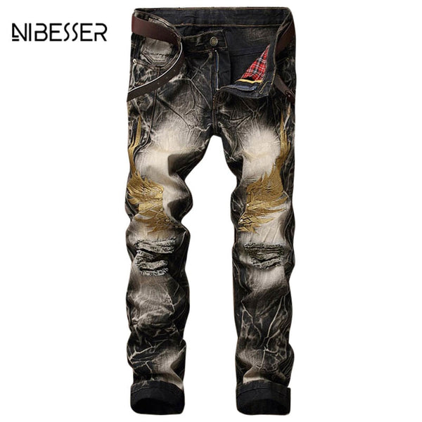 NIBESSER Brand Fashion Embroidery Wings Jeans Men Hiphop Streetwear Denim Pants Zipper Beggar Pants Plus Size Workout Trouser