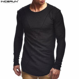 New Mens Hip Hop T Shirt Full Long Sleeve T-Shirt Men Solid Color O-neck Muscle Tees Shirt Fashion Curve Hem Men Streetwear Tops