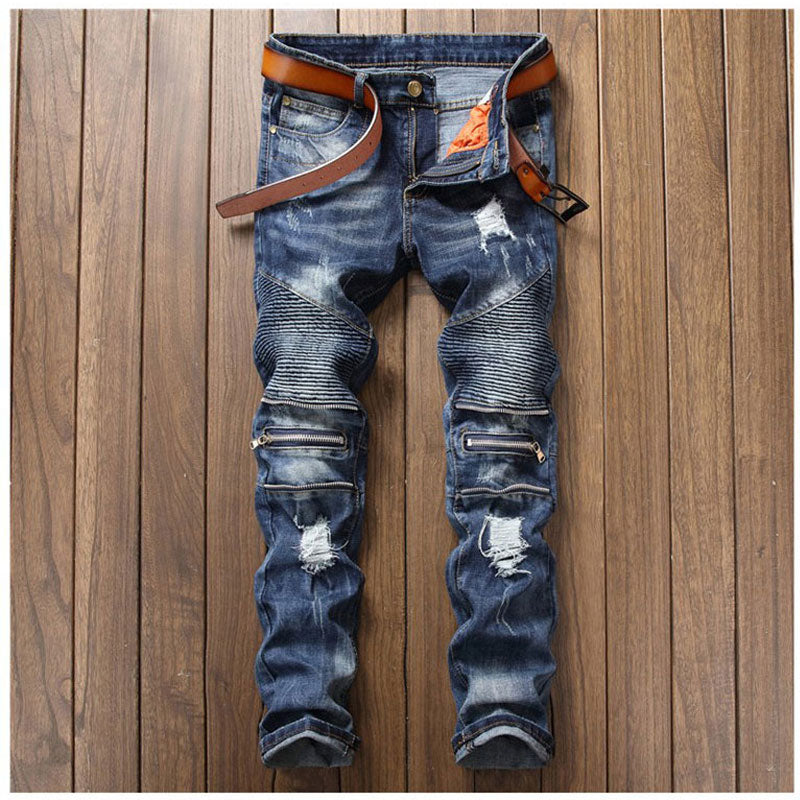 Pleated Denim Jeans Men Fashion Beggar Hole Pants Personality Knee Zipper Design Calca Masculina Straight Slim Night Club Jeans