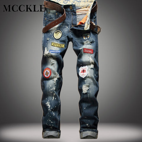 MCCKLE 2018 Fasgion Men's Jeans Patchwork Spliced Ripped Denim Jeans