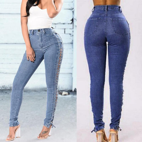 Women Lace Up Jeans High Waist Elastic Slim Bandage Side Stripe Jeans Denim pants