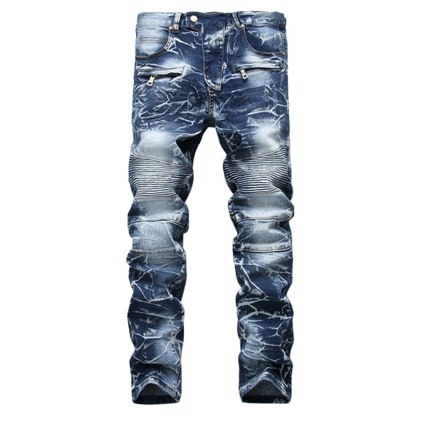 Men's Stylish Slim Straight Jeans Regualr Fit Washed Denim Jeans with Multi-Zipper Decor