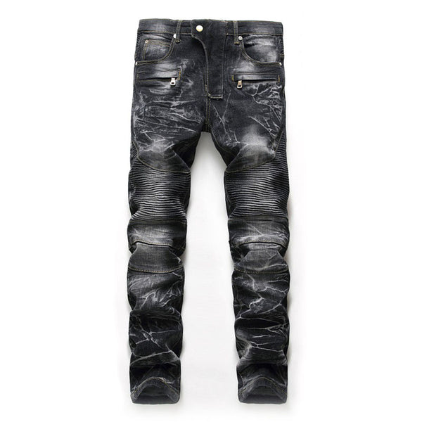 Men's Stylish Slim Straight Jeans Regualr Fit Washed Denim Jeans with Multi-Zipper Decor